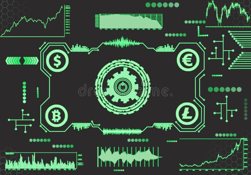 Abstrakt futuristisk instrumentpanel med valutakartor på mörk bakgrund vektor illustrationer