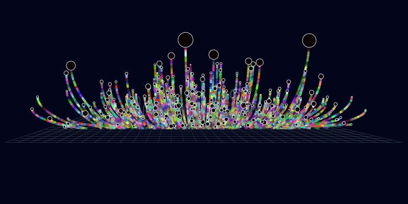 Abstrakt futuristiskt bakgrundsdiagram från färglinjer och cirklar på svart. Analysdata för teknikkoncept. Banner för royaltyfri illustrationer