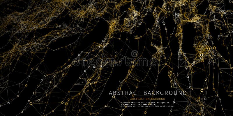 Abstrakt futuristiskt gult rutnät från cirklar och punkter på svart. Analysdata för teknikkoncept. Banner för stock illustrationer