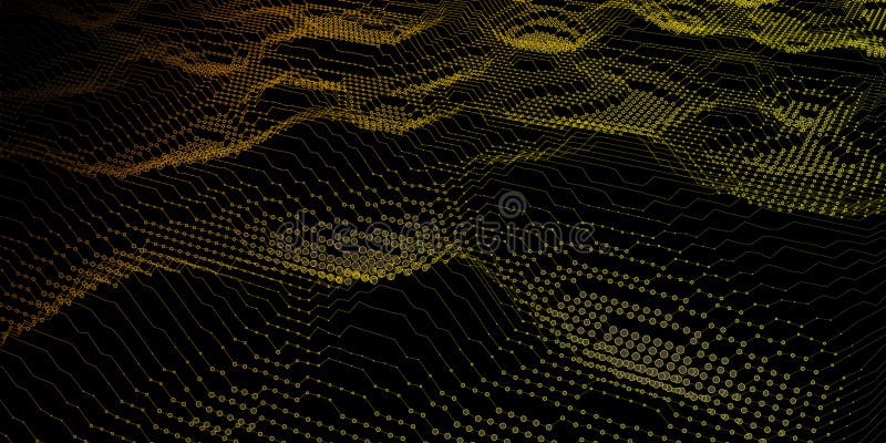 Abstrakt futuristiskt vågrutnät i bakgrunden från cirklar och punkter på svart. Analysdata för teknikkoncept. Banner för royaltyfri illustrationer