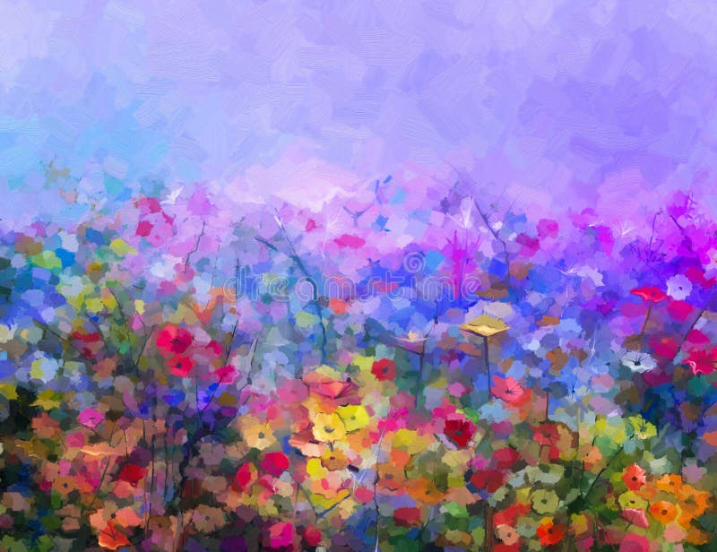 Abstrakt färgrik purpurfärgad kosmosflowe för olje- målning, tusensköna, vildblomma i fält royaltyfri illustrationer Abstrakt färgrik purpurfärgad kosmosflowe för olje- målning, tusensköna, vildblomma i fält royaltyfri illustrationer