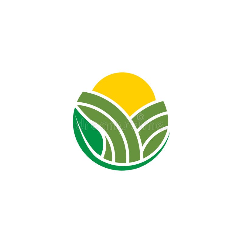 Abstrakt jordbruk med begrepp för fält-, sol- och bladlogodesign royaltyfri illustrationer
