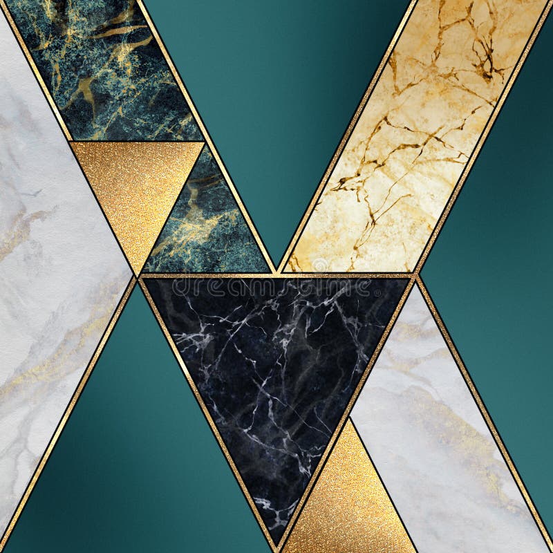 Abstrakt konsthistorik, modern mosaikinläggning, konstgjorda stenstrukturer, marmorering, marmor granitagat, guld, grönt arkivfoto