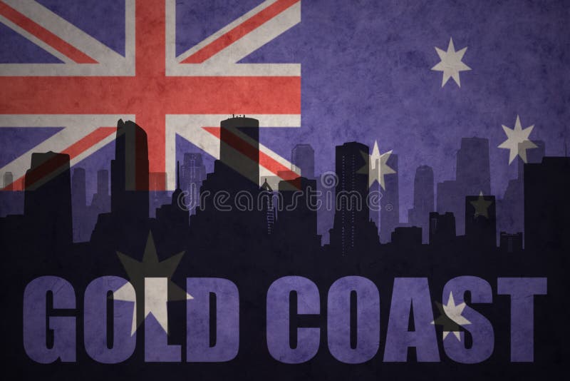 abstrakt kontur av staden med text Gold Coast på den australiska flaggan för tappning stock illustrationer abstrakt kontur av staden med text Gold Coast på den australiska flaggan för tappning stock illustrationer