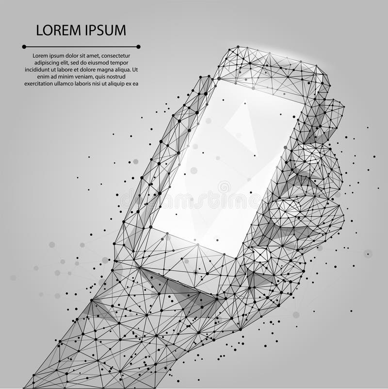 Abstrakt linia i punktu popielaty telefon komórkowy z pustym ekranem, trzyma mężczyzna ręką ilustracji Abstrakt linia i punktu popielaty telefon komórkowy z pustym ekranem, trzyma mężczyzna ręką ilustracji