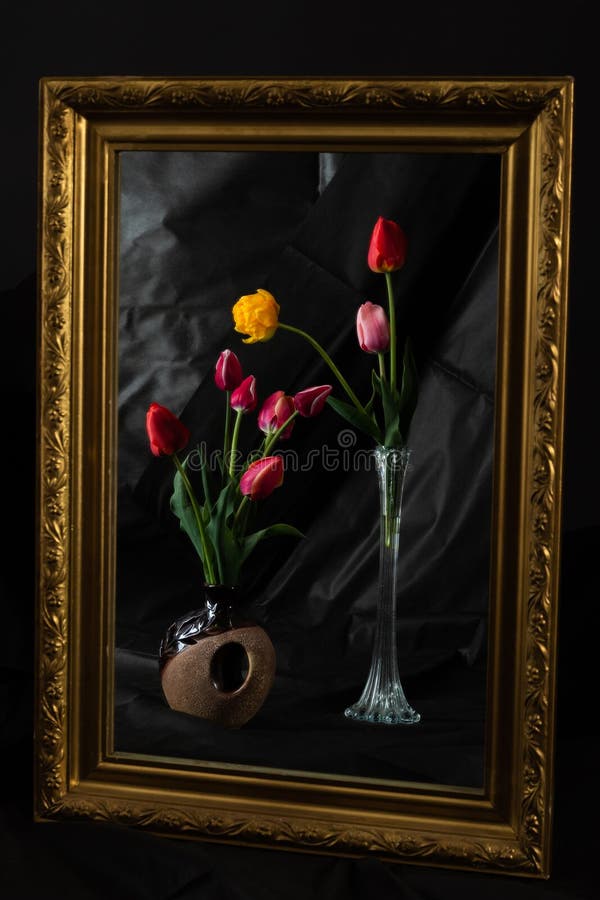 Abstrakt magi Tulpan blommar i mörkt rum som reflekterar i spegel arkivbilder Abstrakt magi Tulpan blommar i mörkt rum som reflekterar i spegel arkivbilder