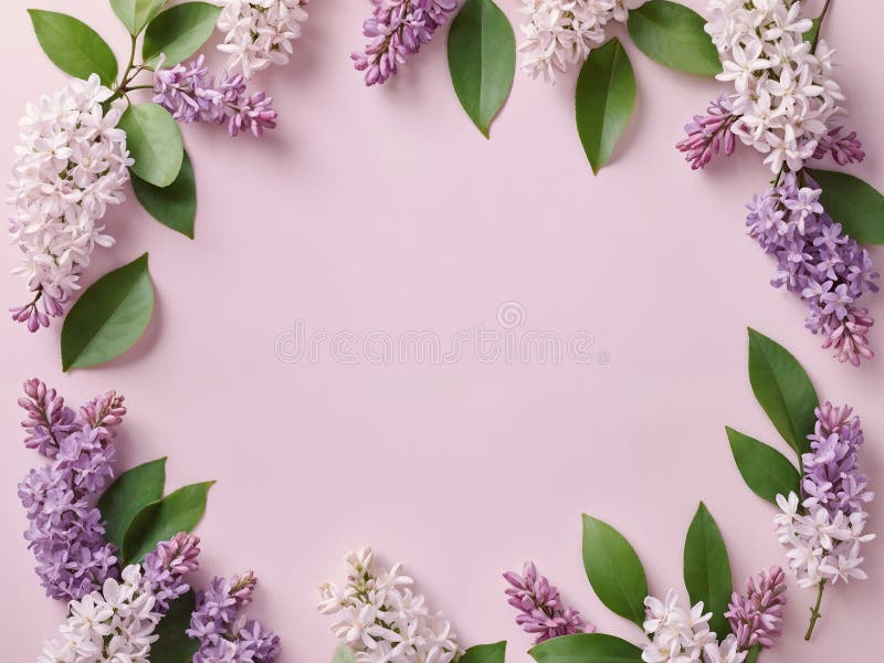 Abstrakt minimalistisk gränsillustration av färska grenar av purpurrött vitt lilac-blommor på en pastellbakgrund stock illustrationer