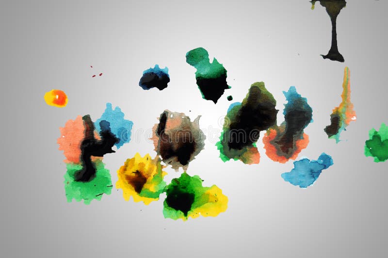 Abstract closeup photograph of colorful ink and paint splotches, splatters, dabs, dribbles, and splatters isolated on a white background. Abstract closeup photograph of colorful ink and paint splotches, splatters, dabs, dribbles, and splatters isolated on a white background.