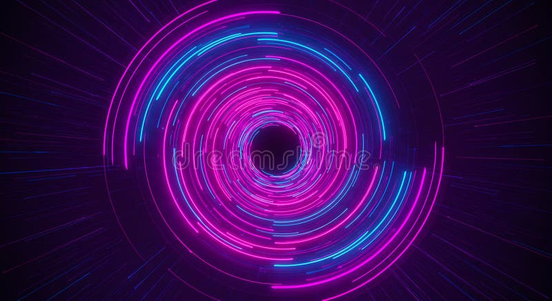 Abstrakt Neon Vortex : Różowe i niebieskie okrągłe ślady światła w ciemnej przestrzeni ilustracji