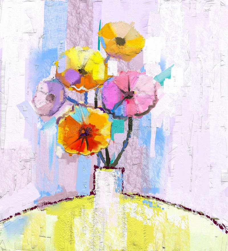 Abstract oil painting of spring flower. Still life of yellow, pink and red gerbera. Colorful Bouquet flowers in vase with light blue color background. Hand Painted floral modern Impressionist style. Abstract oil painting of spring flower. Still life of yellow, pink and red gerbera. Colorful Bouquet flowers in vase with light blue color background. Hand Painted floral modern Impressionist style