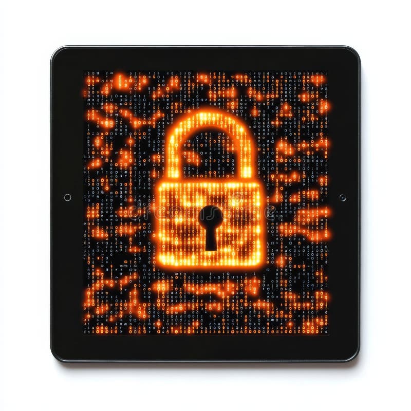 Abstrakt orange lås på ett mörkt digitalt nät som symboliserar krypterade system cybersäkerhet och säker information en royaltyfri illustrationer