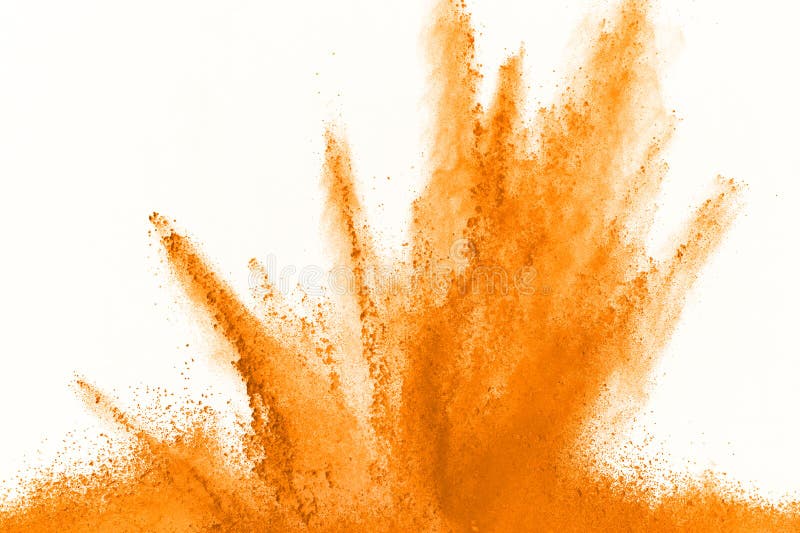 Abstrakt orange pulver splatted bakgrund Färgrik pulverexplosion på vit bakgrund Kulört moln Färgrikt damm exploderar P