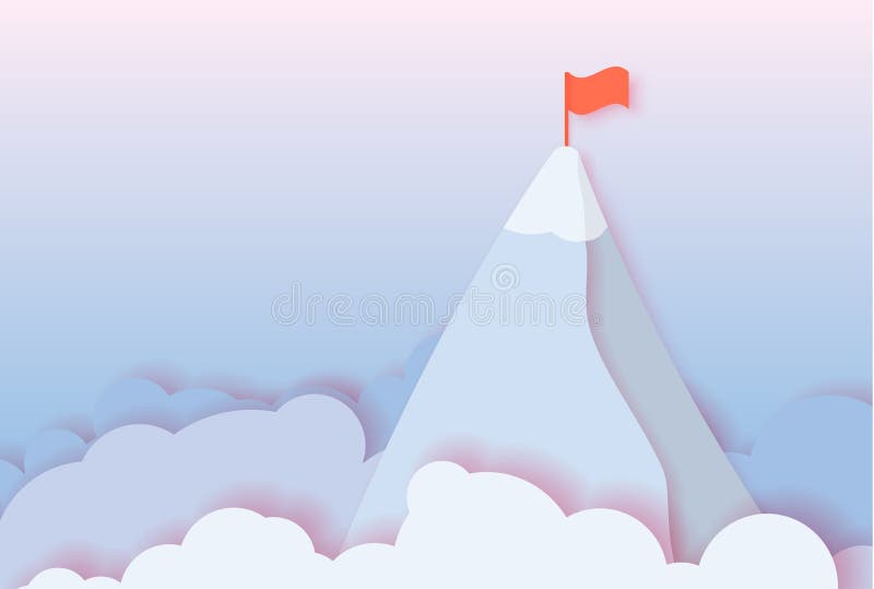Abstrakt papperssnittillustration av blå och rosa himmel för morgon, moln och berget med flaggan Mål och lidershipbegrepp vektor illustrationer