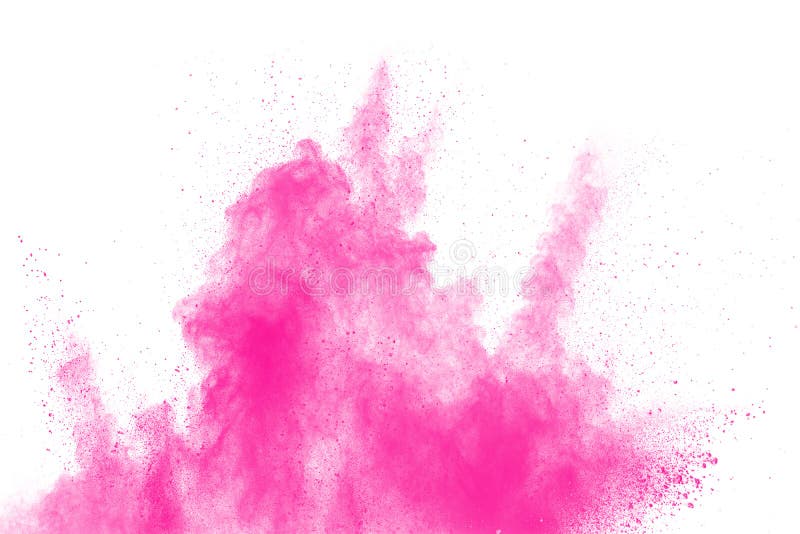 Abstrakt rosa dammexplosion på vit bakgrund Frysningrörelse av rosa färgpulverfärgstänk arkivfoto Abstrakt rosa dammexplosion på vit bakgrund Frysningrörelse av rosa färgpulverfärgstänk arkivfoto