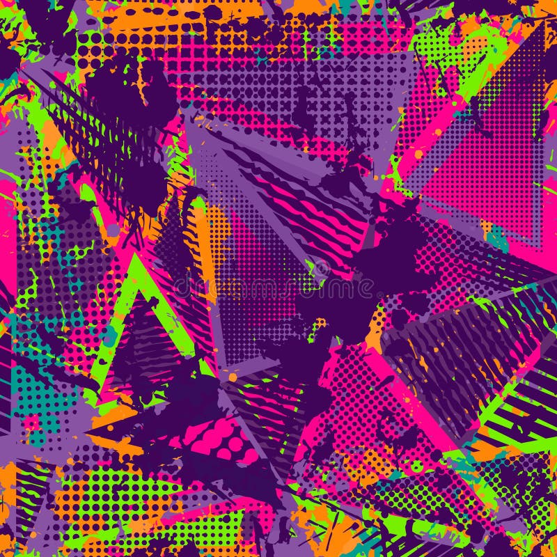 Abstrakt stads- sömlös modell Grunge texturbakgrund Hasade droppsprejer, trianglar, prickar, neonsprutmålningsfärg royaltyfri illustrationer