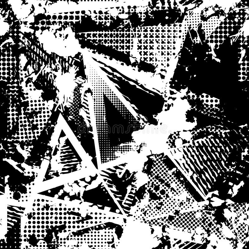 Abstrakt stads- sömlös modell Grunge texturbakgrund Hasade droppsprejer, trianglar, prickar, svartvit sprej vektor illustrationer