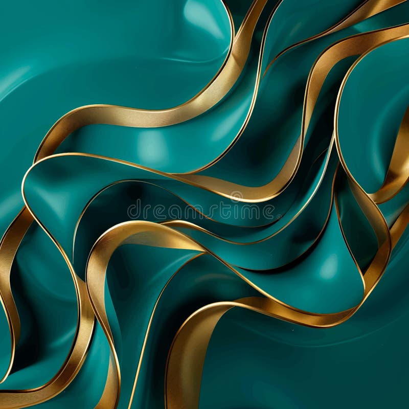 Abstrakt teal lyxur, dynamisk flytande flödesvätskeformade linjer formar 3d-mönsterbakgrund med guldvågor. 3d-ytstruktur. stock illustrationer