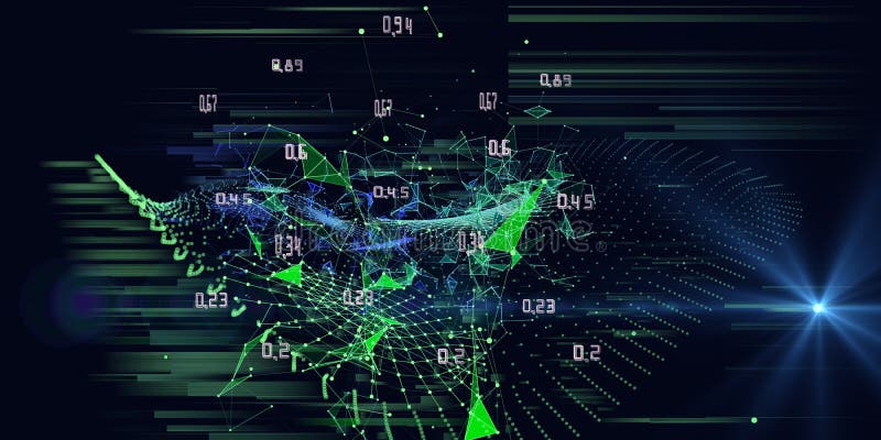Abstrakt teknisk bakgrund med polygonnätanalys och ljusstjärna. Analysalgoritmdata. kvantkryptografikoncept royaltyfri illustrationer