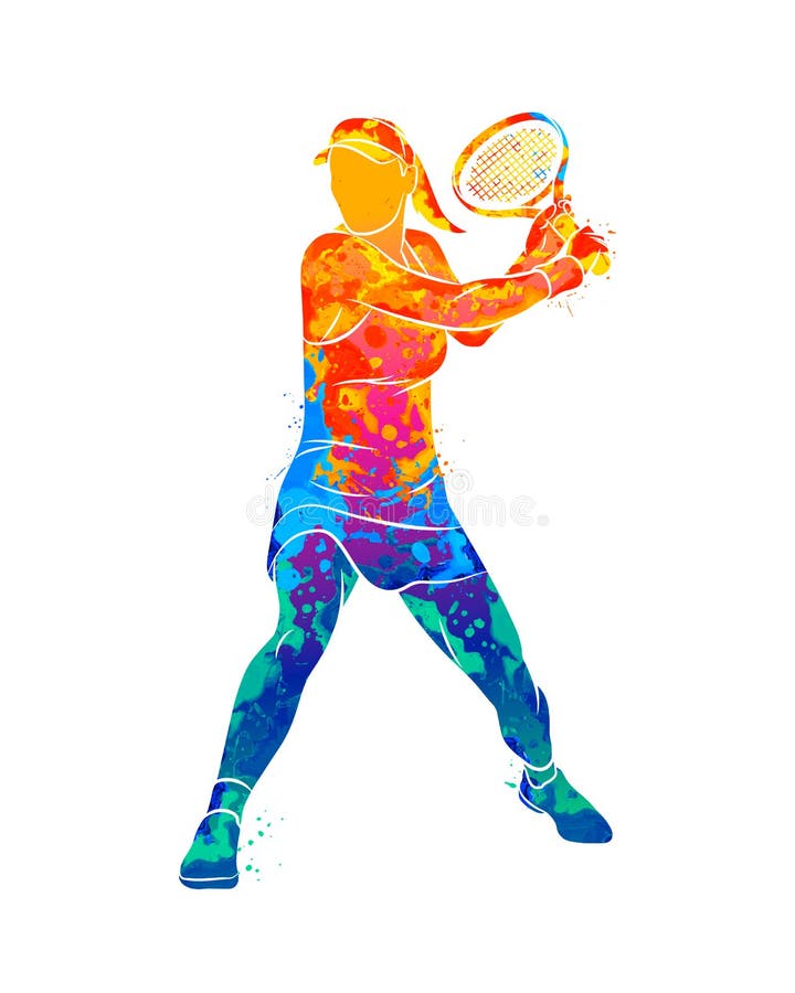 Abstrakt tennisspelare med en racket från färgstänk av vattenfärger