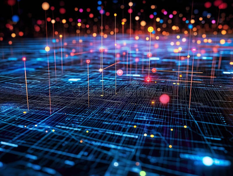 Abstrakt visualisering av digitala nätverk med glödande noder och blått rutnät royaltyfria bilder