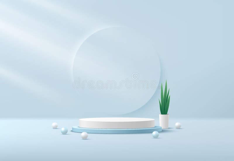 Abstrakt vit och ljusblå cylinderpodium. fönsterbelysning. kula. Växtkruka och grön semester. blå minimal vägg stock illustrationer