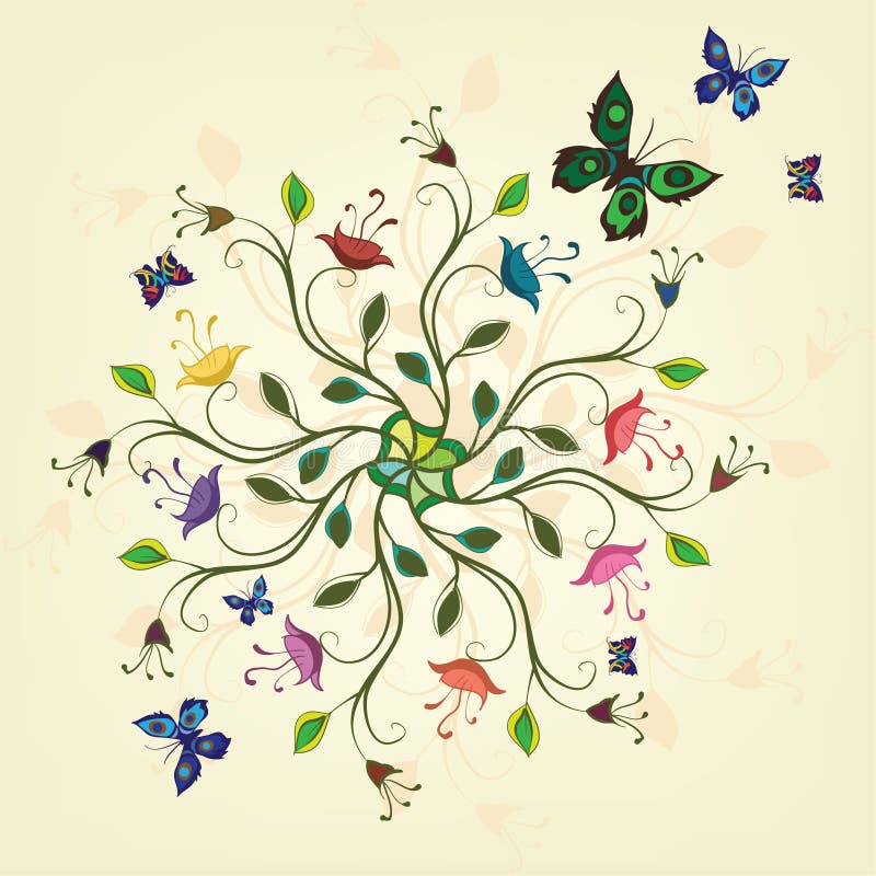 Abstrakt växt med blommor och fjärilar royaltyfri illustrationer