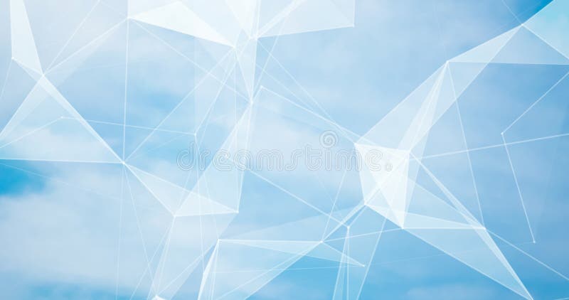 Abstract blurred background blue sky with white clouds in sunlight and geometric poligons texture. Summer background. Beautiful backdrop for for webdesign. 3d rendering. Abstract Plexus wallpaper
