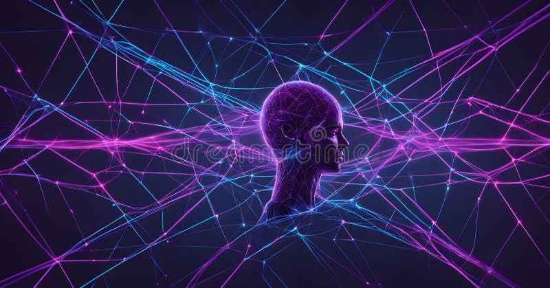 Abstrakt återgivning av artificiell intelligens med fallande neurala nätverksmönster royaltyfri illustrationer