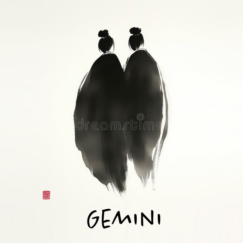 Abstrakt återgivning av Gemini zodiac-tecken med två figurer i traditionell sumie Japansk målning stock illustrationer