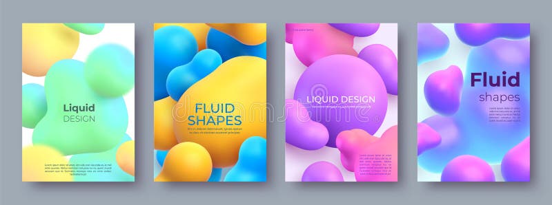 Abstrakta affischer med flytande 3d-bollar och 3d-blobs. Utformning av morfingflytande former. moderna färgbubblor och färgfläckar stock illustrationer