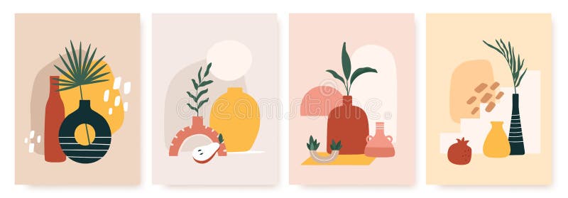 Abstrakta affischer med vaser. trendy still life collage with pot Frukt vase and tropical palm leaf. handdragen stock illustrationer