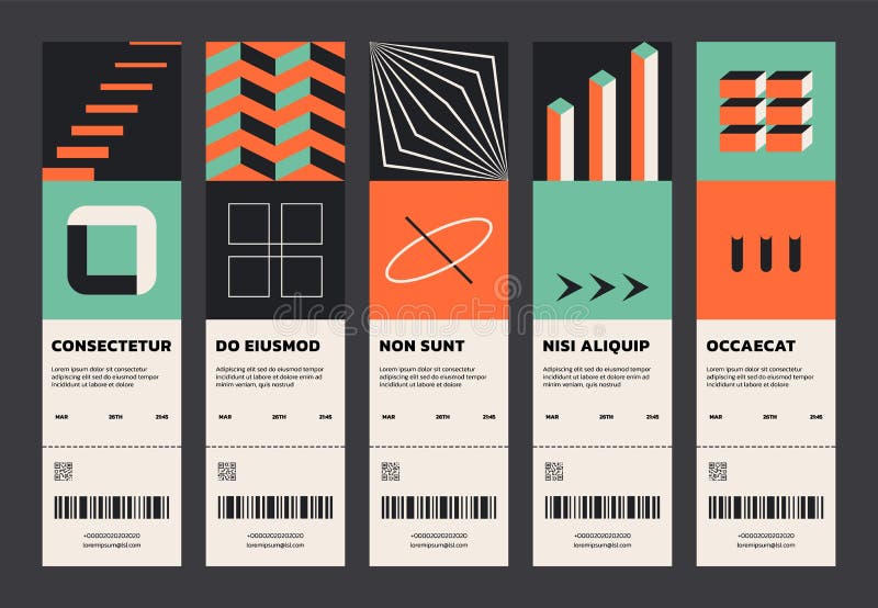 Abstrakta geometriska biljetter. uppsättning av minsta enkla flygblad med moderna geoformer swiss bauhaus-stil. vektor stock illustrationer