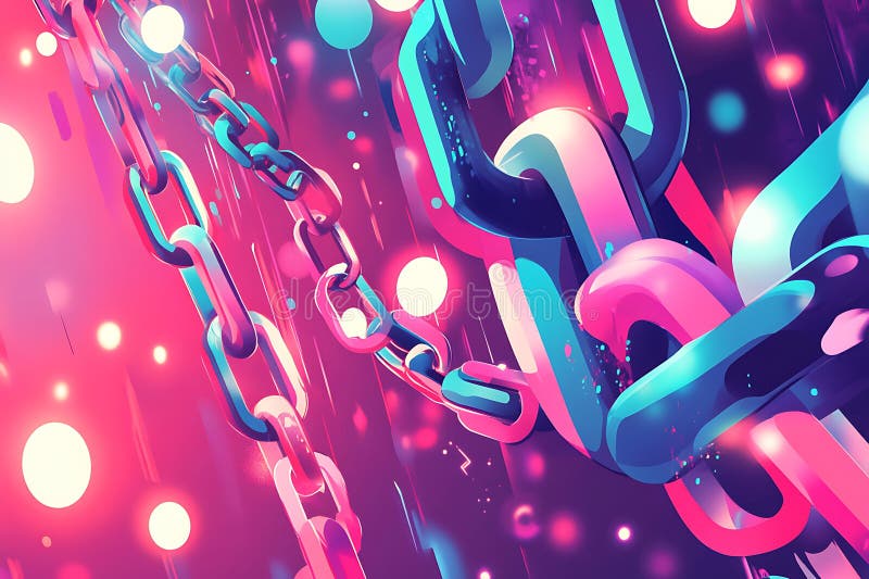 Abstrakta kedjelänkar med Neon Glows moderna färgstarka Geometriska element i design. Funktioner för sammanlänkad abstrakt kedja med nyare glöder feta färger och geometriska former. Samtidig design som är perfekt för visuell användning