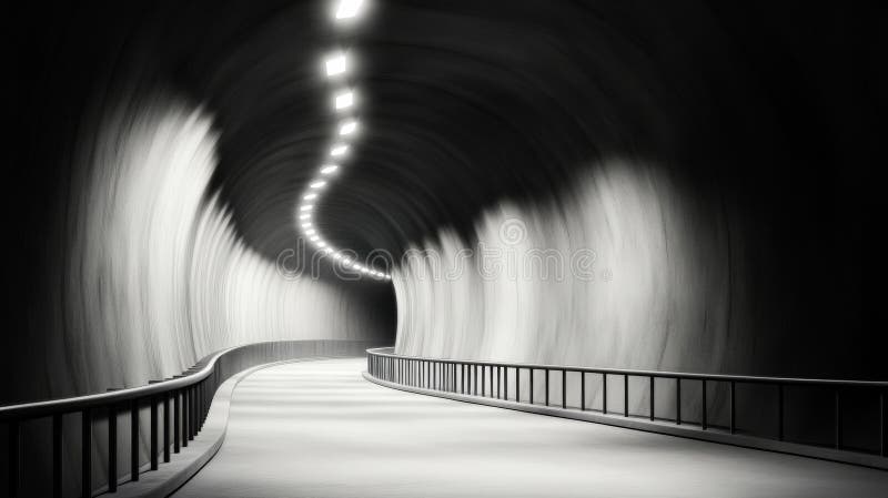 Abstrakta monokroma tunnlar, böjda väggar surreala ljusglimtar som leder in i mörker i framtida begreppsmässig design vektor illustrationer