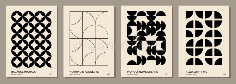 Abstrakta mönsteraffischer. Minimala geometriska former med kaotiska linjer och halvcirklar modern brutalistisk kreativ konst royaltyfri illustrationer