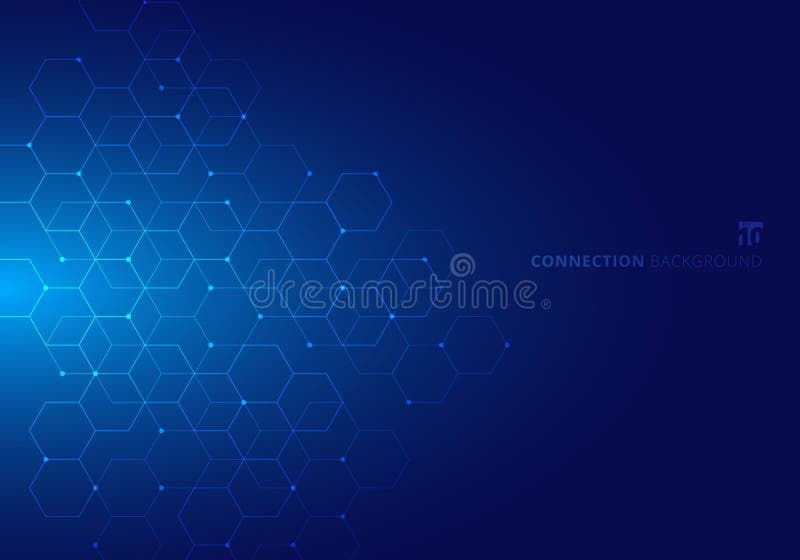 Abstrakta sexhörningar med digitalt geometriskt för knutpunkter med linjer och prickar på blå bakgrund Teknologianslutningsbegrep