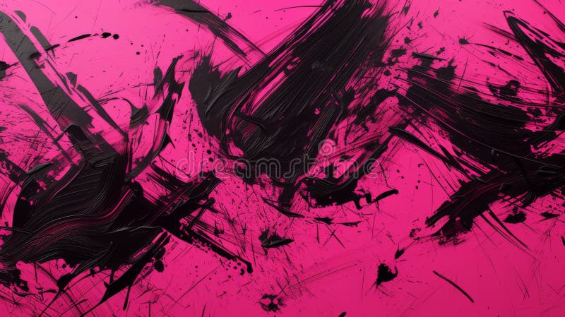 Abstrakta svarta penseldrag på vibrerande rosa bakgrund. Dynamisk abstrakt teckning med fet svart penseldrag mot en pulserande rosa bakgrund. De kontrasterande färgerna och de energiska penseldragen framkallar rörelse och konstnärliga uttryck som är idealiska för kreativa projekt.