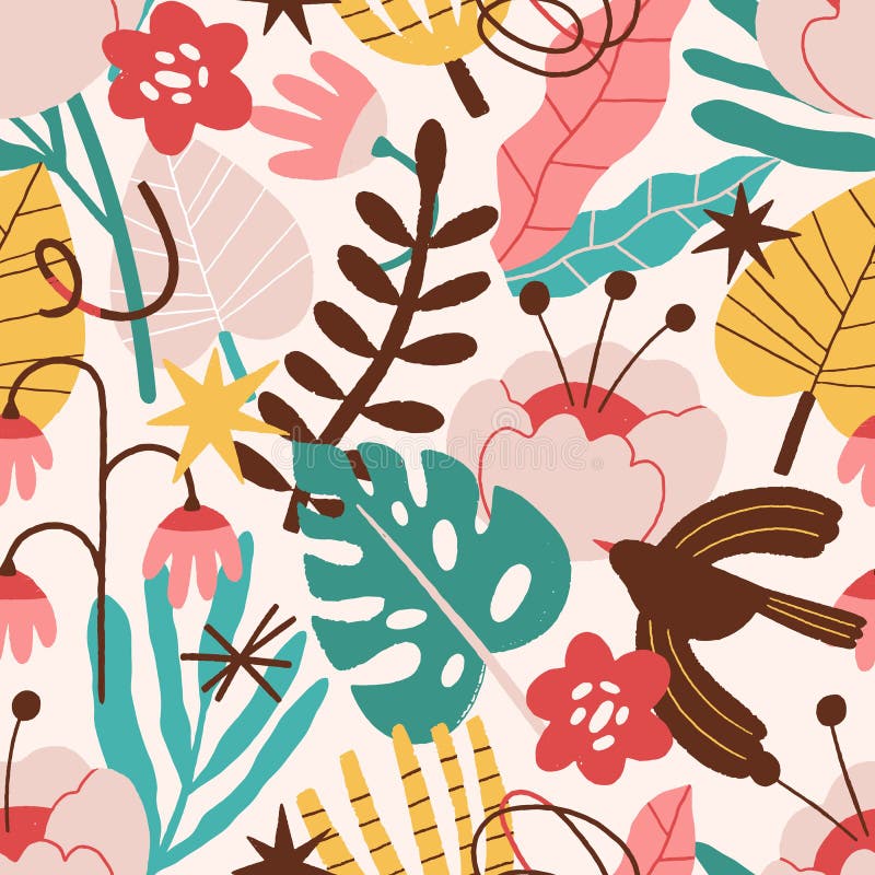 Abstrakta växtblommor, fågelkurvor, sömlösa mönster. samtida förgreningsblad. botanisk bakgrund vektor illustrationer