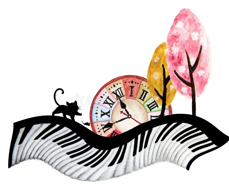 Abstrakte Aquarellkunst-Handmalerei der schwarzen Katze, der Maus, der großen Uhr und des netten Baums auf Klaviertastatur stock abbildung Abstrakte Aquarellkunst-Handmalerei der schwarzen Katze, der Maus, der großen Uhr und des netten Baums auf Klaviertastatur stock abbildung
