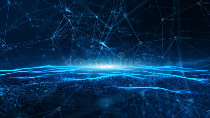Abstrakte blaue Partikel-Welle und digitale Datennetzverbindungen für eine Technologie, Kommunikation oder soziale Medien stock abbildung