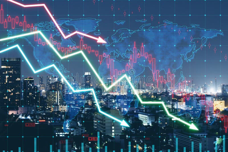 Abstract falling forex chart arrows on blurry night city background. Financial crisis, trade and recession concept. Double exposure. Abstract falling forex chart arrows on blurry night city background. Financial crisis, trade and recession concept. Double exposure