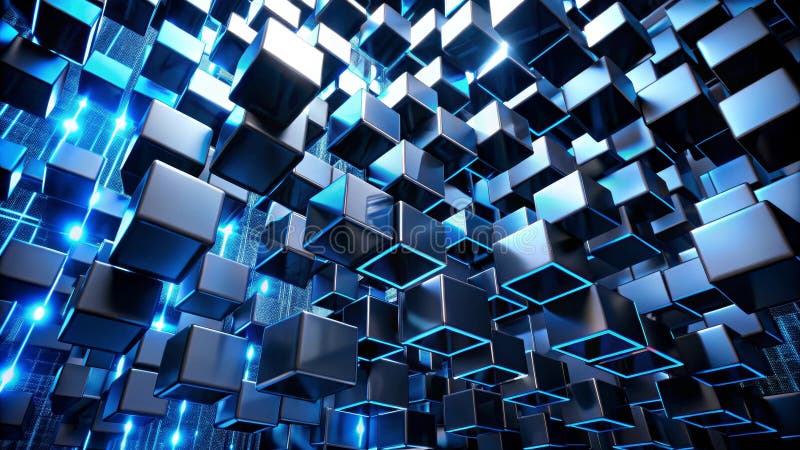 Abstrakte digitale Struktur eine dichte Reihe dunkelblauer Kuben, beleuchtet durch pulsierende blaue Linien, die auf ein komplexes lizenzfreie abbildung