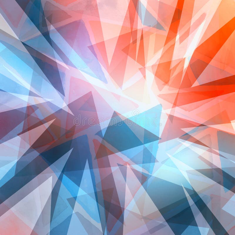 Abstrakte Dreiecksformen in zufälligem Muster, orange blau und lila auf weißem Hintergrund, durchsichtiges geometrisches Dreieck stock abbildung
