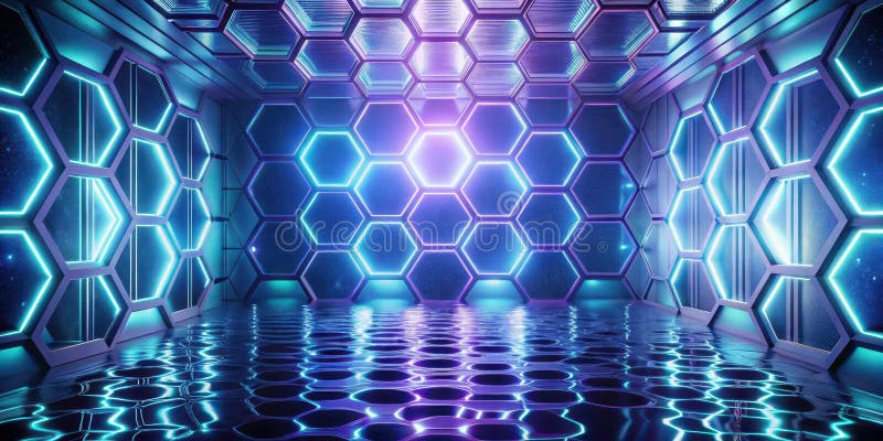 Abstrakte futuristische Hexagon-Kammer mit leuchtenden Neonleuchten und reflektierendem Boden. Generative AI vektor abbildung