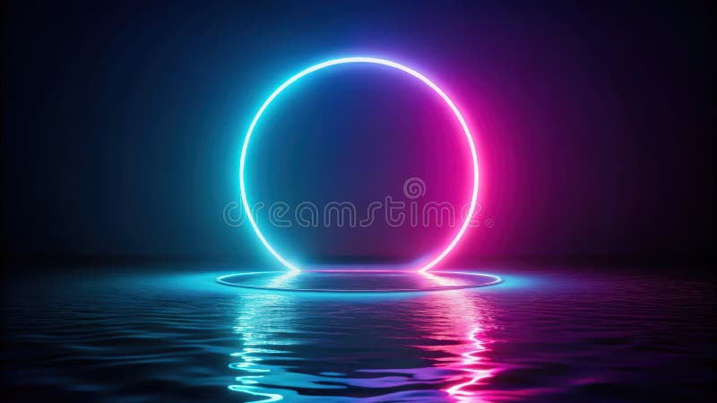 Abstrakte futuristische Neonkreisleuchte, reflektiert auf der Oberfläche des Stillwassers. Generative AI stock abbildung