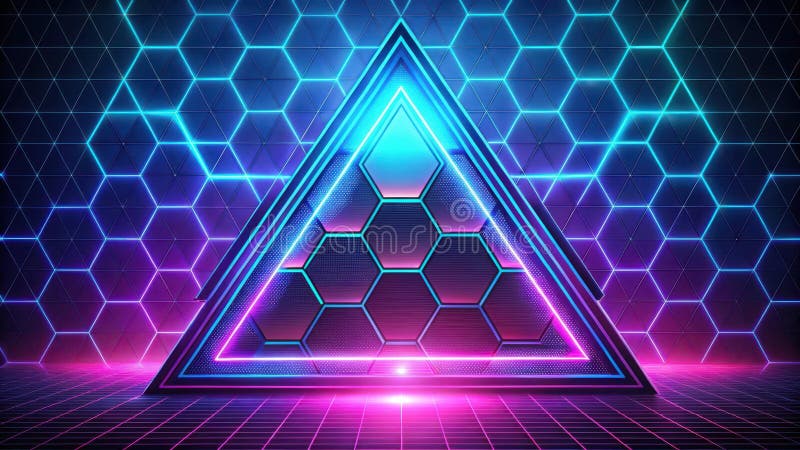 Abstrakte futuristische Neontriegelstufe mit sechseckiger Gitterhintergrund und glühenden Linien. Generative AI vektor abbildung