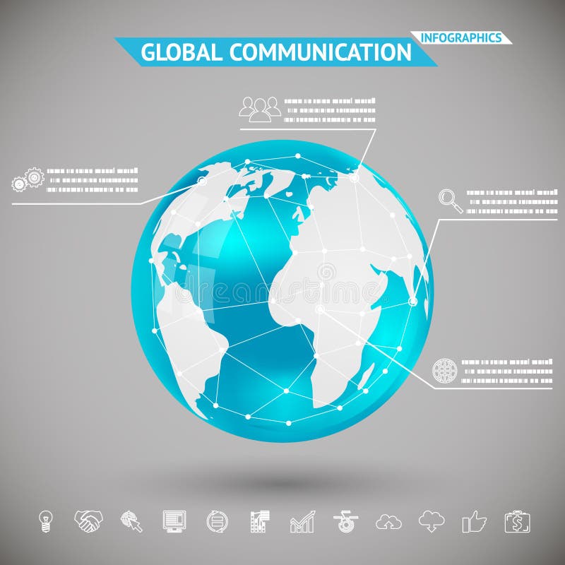 Abstrakte globale Kommunikation Infographics mit Ikonen-Planeten-Erdbereich-Ball auf Gray Bacground Vector Illustration vektor abbildung Abstrakte globale Kommunikation Infographics mit Ikonen-Planeten-Erdbereich-Ball auf Gray Bacground Vector Illustration vektor abbildung