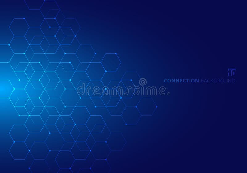 Abstrakte Hexagone mit digitalem geometrischem der Knoten mit Linien und Punkten auf blauem Hintergrund Technologie-Verbindungs-K Abstrakte Hexagone mit digitalem geometrischem der Knoten mit Linien und Punkten auf blauem Hintergrund Technologie-Verbindungs-K