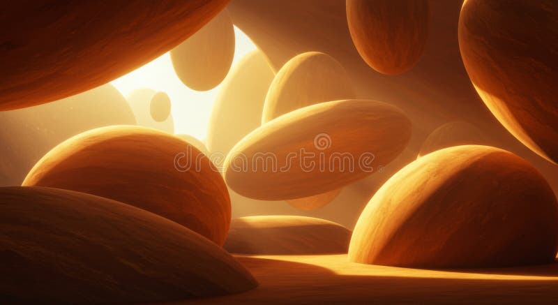 Abstrakte Höhle mit schwebenden Orangenfelsen und goldenem Licht vektor abbildung