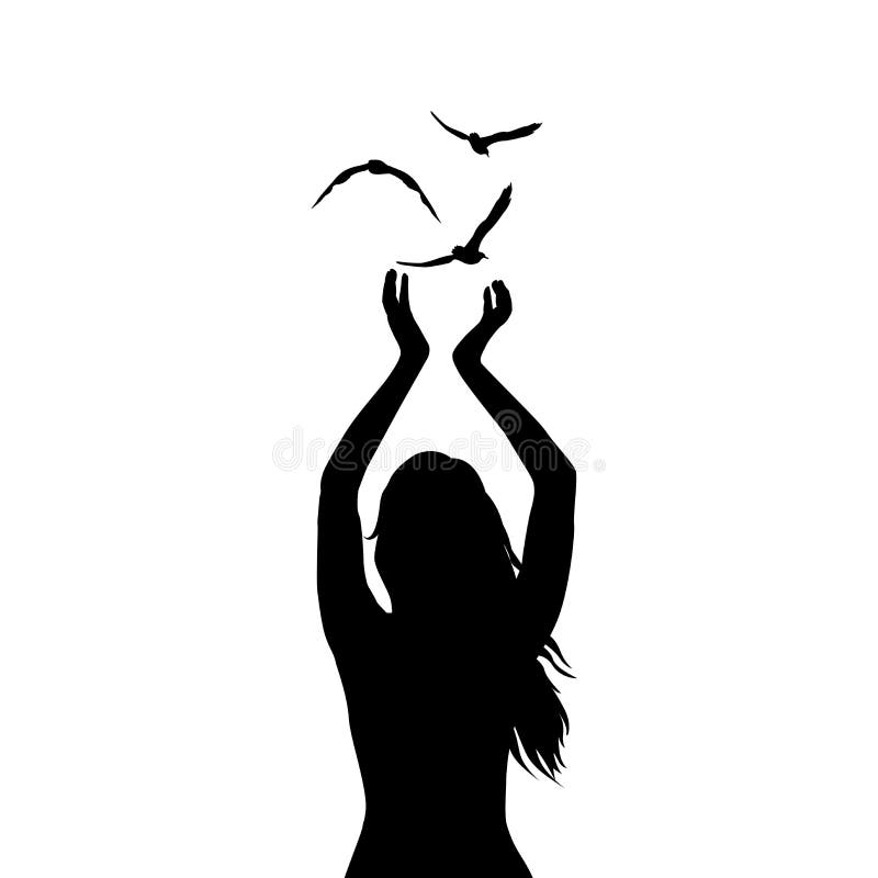 Abstrakte Illustration eines Frauenschattenbildes mit den Vögeln, die Franc fliegen
